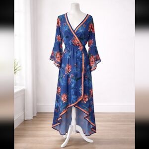 Flying Tomato Women's Floral Formal High-Low Wrap Summer Dress size Small.